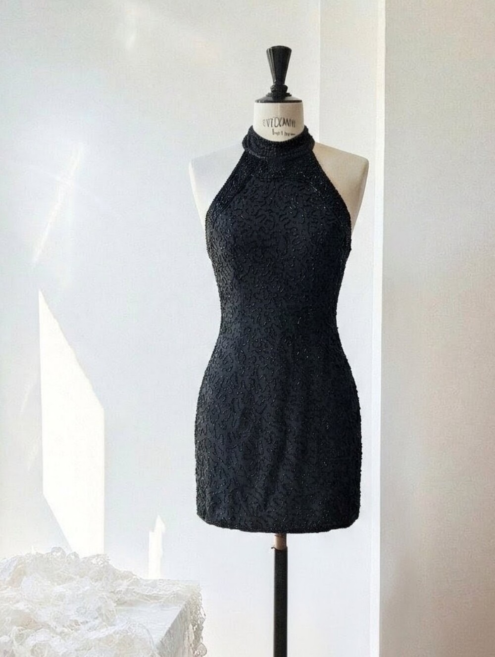 Stunning Vintage Black Beaded Halter Cocktail Dress